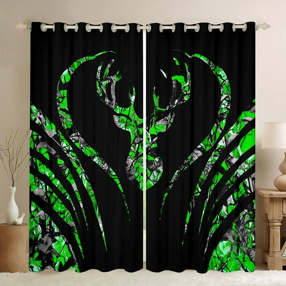 Manfei Wild Deer Silhouette Black Out Curtains,Jungle Animal Curtains Pack of 2 (42x63 Each),Green Black Bedroom Curtains For Boys Girls,Breathable Home Decor