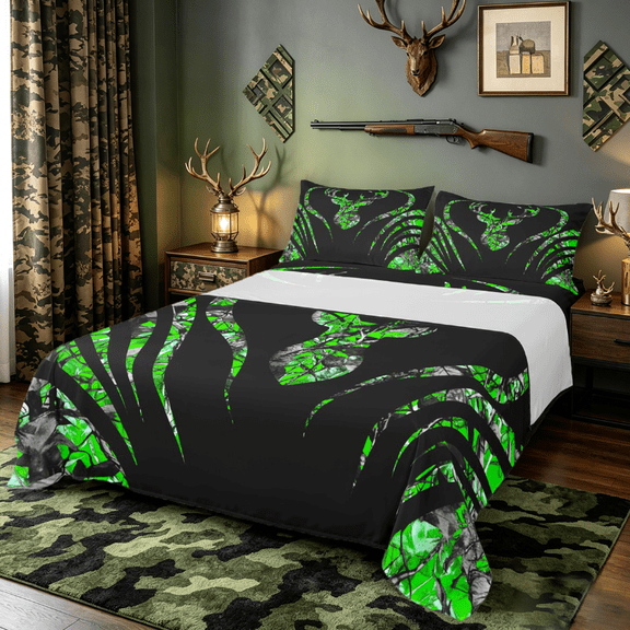 Manfei Wild Deer Silhouette Queen Sheet Sets,Jungle Animal Flat Sheet,Green Black Queen Fitted Sheet For Boys Girls,Breathable Home Decor,4pcs