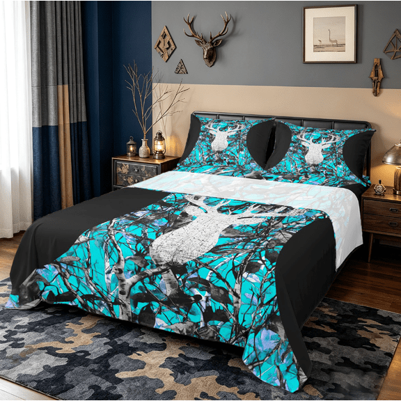 Manfei Wild Deer Silhouette Twin Sheet Sets,Jungle Animal Twin Fitted Sheet,Cyan Black Flat Sheet For Boys Girls,Breathable Home Decor,3-Piece