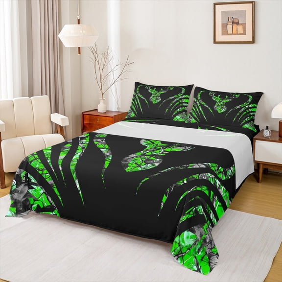 Manfei Wild Deer Silhouette Twin Sheet Sets,Jungle Animal Twin Fitted Sheet,Green Black Flat Sheet For Boys Girls,Breathable Home Decor,3-Piece