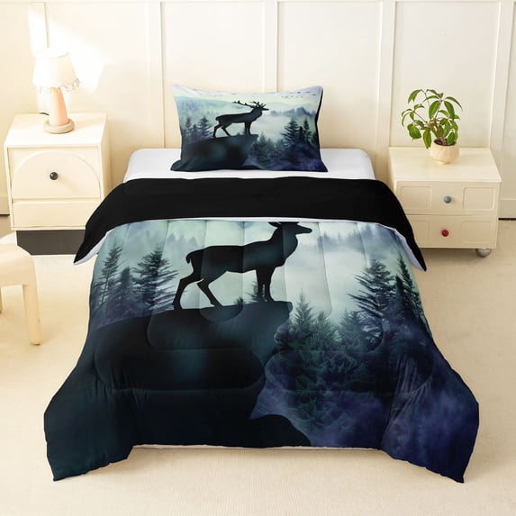 Manfei Wild Deer Twin Comforter Sets,Blue Woodland Bedding Set,Black Reversible,2 Pieces,1 Comforter and 1 Pillowcase
