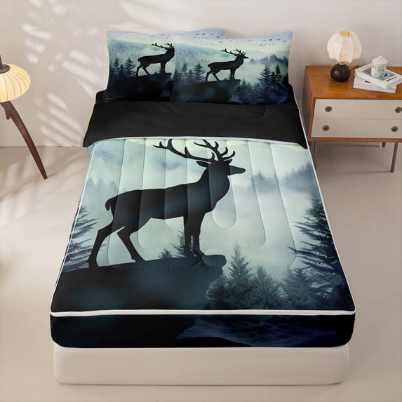Manfei Wild Deer Zipper Twin Comforter Sets with Fitted Sheet and 2 Pillowcases,Blue Woodland Zipper Bedding Set,Black Reversible,4pcs