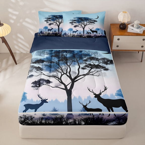 Manfei Wild Deer Zipper Twin Comforter Sets with Fitted Sheet and 2 Pillowcases,Calm Tree Zipper Bedding Set,Blue,Navy Blue Reversible,4pcs