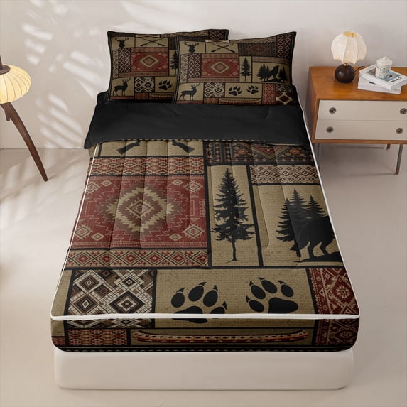 Manfei Wild Deer Zipper Twin Comforter Sets with Fitted Sheet and 2 Pillowcases,Safari Animal Moose Zipper Bedding Set,Red,Black Reversible,4pcs