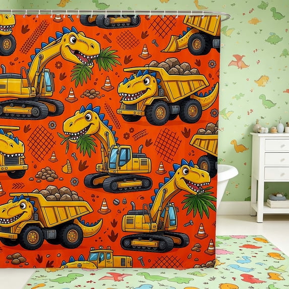 Manfei Wild Dino Truck Shower Curtain 72Wx72L,Retro Animals Bathroom Curtain,Orange Brown