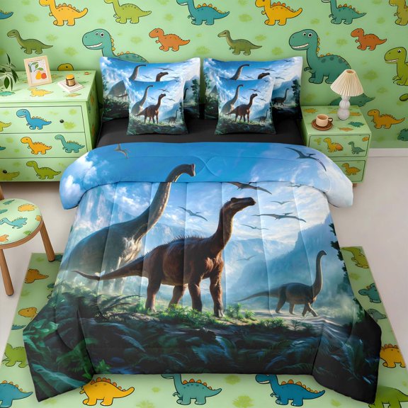 Manfei Wild Dinosaur 7 Pieces Full Size Bedding Sets,Retro Mountain Jungle Pterosaur Full Size Bed in a Bag,Green Blue,Black Reversible