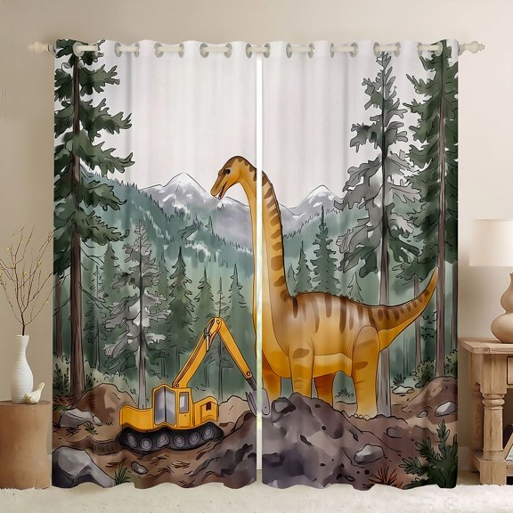 Manfei Wild Dinosaur Animals Blackout Curtains,Vintage Excavator Window Curtains Pack of 2 (38x45 Each),Gray Orange