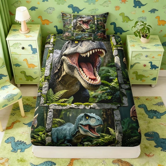 Manfei Wild Dinosaur Animals Fitted Sheet Queen,Vintage Wildlife Bedding,Green Brown,3 Pieces,1 Fitted Sheet and 2 Pillowcases