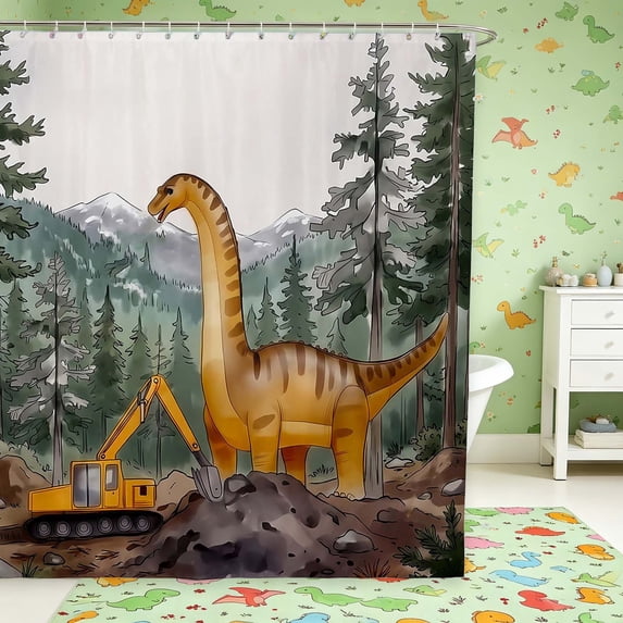 Manfei Wild Dinosaur Animals Shower Curtain 72Wx84L,Vintage Excavator Bathroom Shower Curtain,Gray Orange