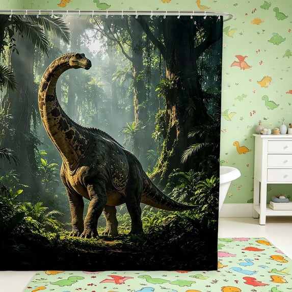 Manfei Wild Dinosaur Shower Curtain 72Wx72L,Retro Jungle Bathroom Curtain,Green Black