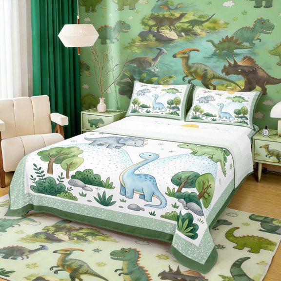 Manfei Wild Dinosaur Wildlife Queen Sheets,Retro Mountain Cloud Queen Sheet Sets,Green,4-Piece,1 Flat Sheet,1 Fitted Sheet and 2 Pillowcases