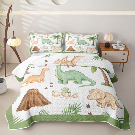 Manfei Wild Dinosaur Wildlife Quilt King,Retro Palm Tree King Coverlet Set,Green White,3-Piece,1 Bedspread and 2 Pillowcases