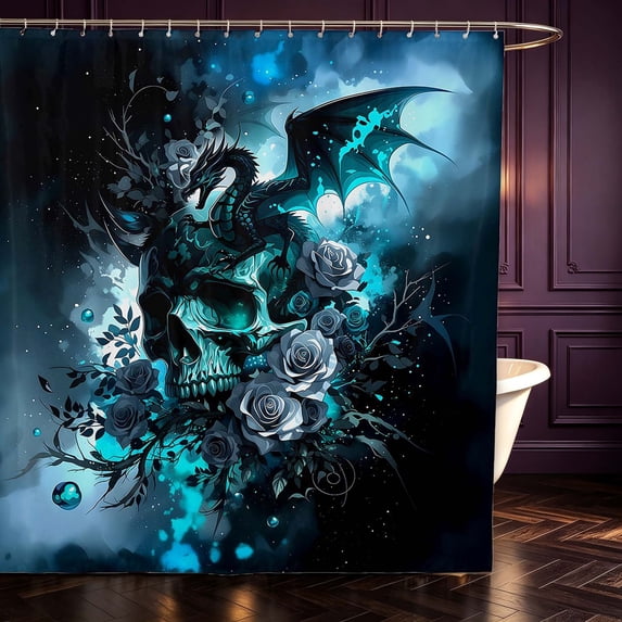 Manfei Wild Dragon Animals Shower Curtain 72Wx72L,Vintage Rose Skull Bathroom Curtain,Blue