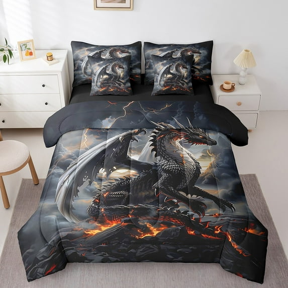Manfei Wild Dragon Bed in a Bag Full Size,Jungle Animal Bed Set,Black Orange Bedding Full Size For Boys,Microfiber Bedroom Decor Reversible,7 Pieces