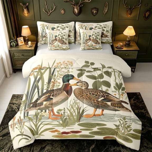 Manfei Wild Duck Print 7-Piece Twin Bedding,Farmhouse Mallard Bedding Comforter Set,Light Gray Reversible