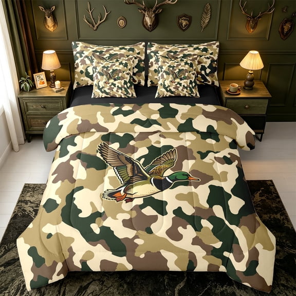 Manfei Wild Duck Print 7 Pieces Full Size Bedding Sets,Rustic Animal Full Size Bed in a Bag,Black Reversible