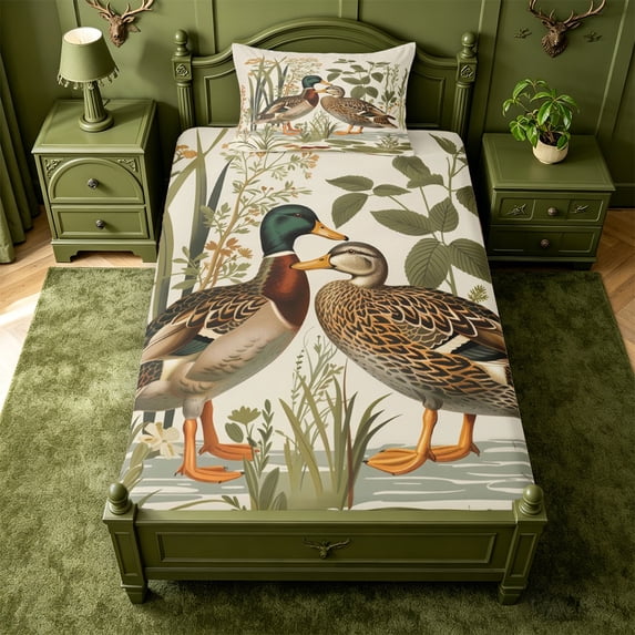 Manfei Wild Duck Print Fitted Sheet Full,Farmhouse Mallard Bed Set,3-Piece,1 Fitted Sheet and 2 Pillowcases