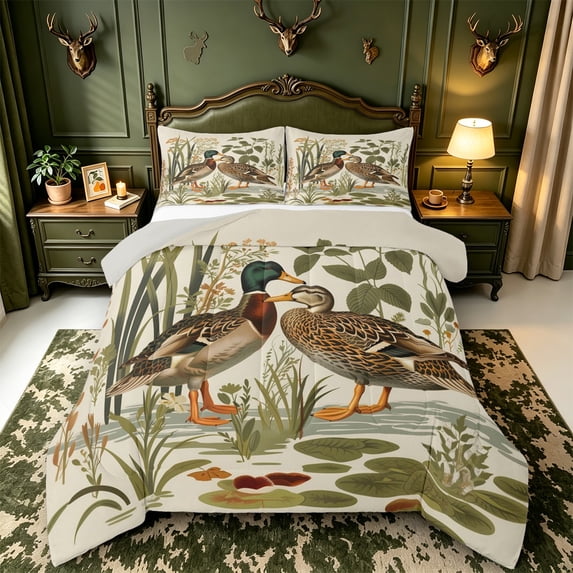 Manfei Wild Duck Print Full Size Comforter Sets,Farmhouse Mallard Bedding Comforter Set,Light Gray Reversible,3-Piece,1 Comforter and 2 Pillowcases
