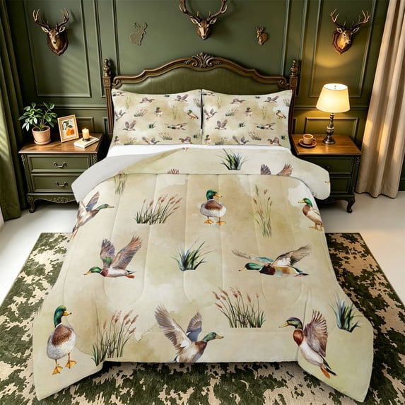 Manfei Wild Duck Print Full Size Comforter Sets,Rustic Bird Bedding Comforter Set,Light Gray Reversible,3-Piece,1 Comforter and 2 Pillowcases