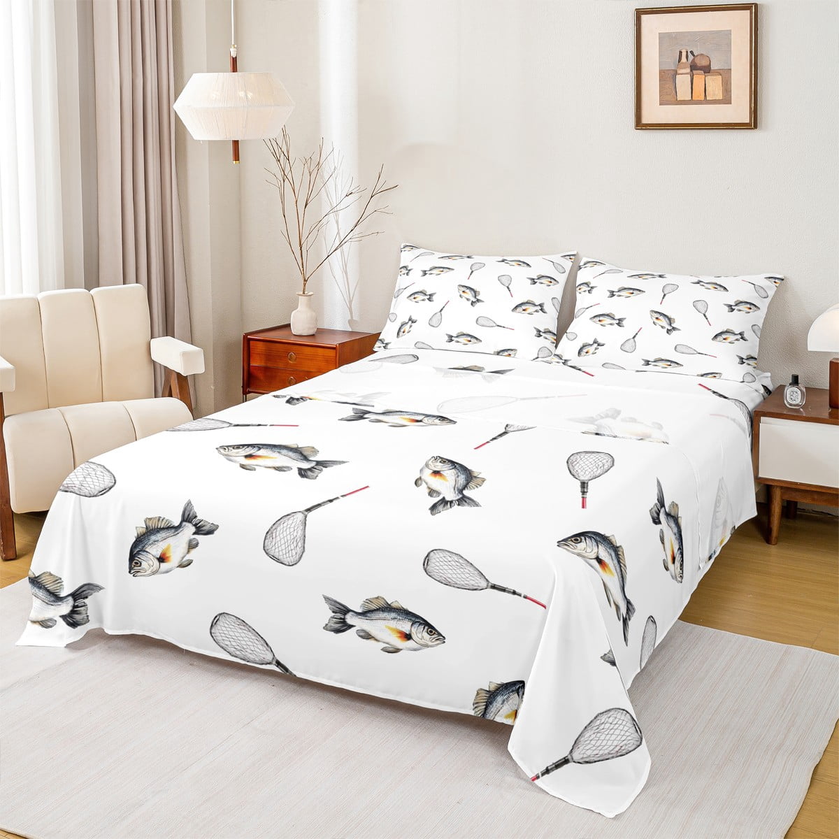 Fish Bedspread Manfei Wild Fish Bed Sheets 4 Pieces, Fishing Themed King Sheets ...