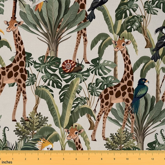 Manfei Wild Giraffe Sewing & Crafting Fabric (2 Yards), Zoo Animal Home Decor Fabric by the Yard, Tropical Tree DIY Fabric