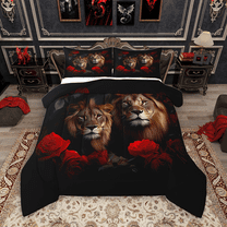 Manfei Wild Lion Bedding Comforter Set 2pcs, Jungle Animal Theme Twin Comforter Sets, Chic Red Rose Bedding Set, Lightweight Room Decor