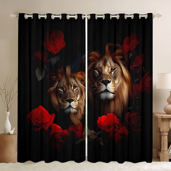 Manfei Wild Lion Blackout Curtains Set of 2 (52x84 Each), Jungle Animal Theme Window Curtains, Chic Red Rose Curtains and Drapes, Luxury Room Decor