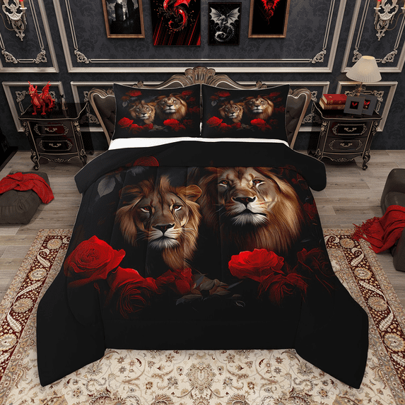 Manfei Wild Lion Queen Comforter Set 3 Pieces, Jungle Animal Theme Bedding Sets, Chic Red Rose Bedding Comforter Set, Lightweight Room Decor