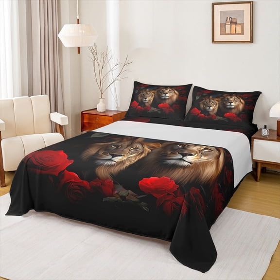 Manfei Wild Lion Queen Sheet Sets 4 Pieces, Jungle Animal Theme Flat Sheet, Chic Red Rose Queen Fitted Sheet, Lightweight Room Decor