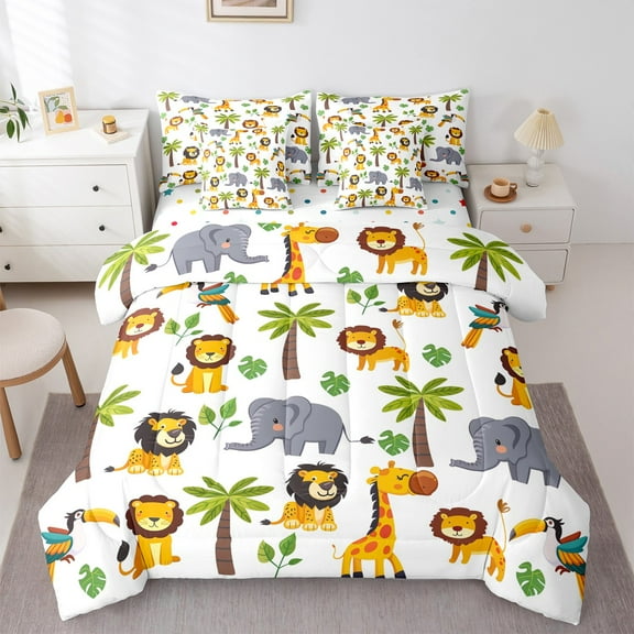 Manfei Wild Lions Elephant 7 Pieces Bedding Comforter Set,Tropical Botanical Coconut Monstera Full Bedding Set,Jungle Animal Fitted Sheet Flat Sheet For Boys Girls,Super Cozy Room Decor Reversible