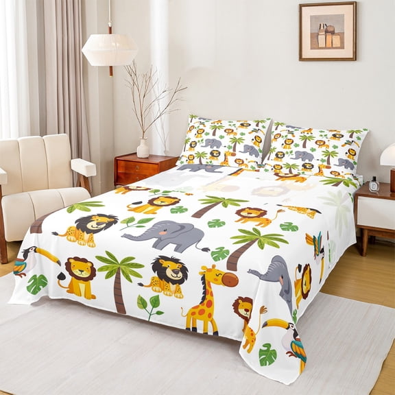 Manfei Wild Lions Elephant Bed Sheets,Tropical Botanical Coconut Monstera King Sheets,Jungle Animal Sheet Set For Boys Girls,Super Cozy Room Decor,4pcs