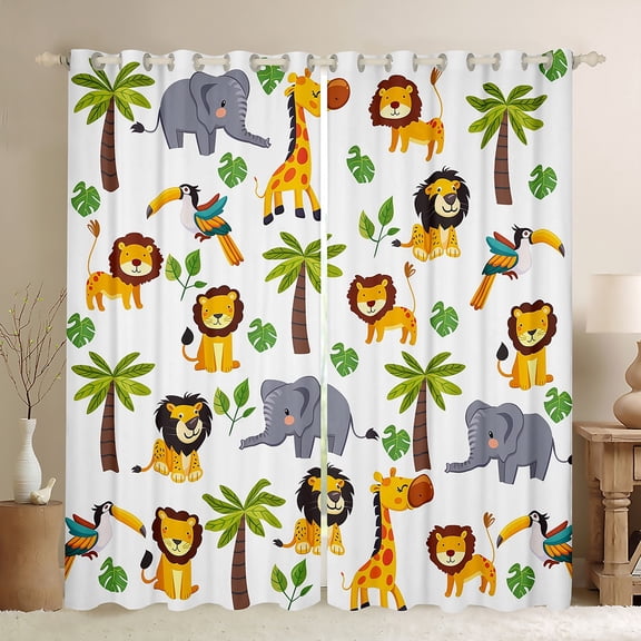 Manfei Wild Lions Elephant Blackout Curtains Set of 2 (52x84 Each),Tropical Botanical Coconut Monstera Window Curtains,Jungle Animal Curtains and Drapes For Boys Girls,Super Cozy Room Decor