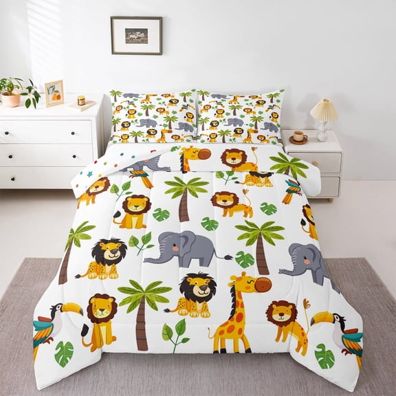 Manfei Wild Lions Elephant Queen Comforter Set,Tropical Botanical Coconut Monstera Bedding Sets,Jungle Animal Bedding Comforter Set For Boys Girls,Super Cozy Room Decor Reversible,3 Pieces