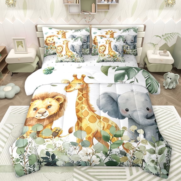 Manfei Wild Lions Giraffe 7-Piece Bedding Comforter Set,Rustic Leaves King Bedding Sets,Gray Elephant Bed Sheets For Boys Girls,Microfiber Bedroom Decor Reversible