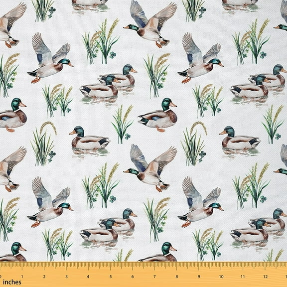 Manfei Wild Mallard Duck Fabric by the Yard (1 Yard), Hunting Theme Decorative Fabric by the Yard, Botanical Grass Leaves DIY Fabric