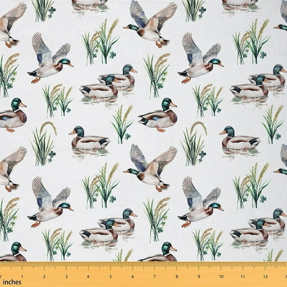 Manfei Wild Mallard Duck Fabric by the Yard (1 Yard), Hunting Theme Decorative Fabric by the Yard, Botanical Grass Leaves DIY Fabric