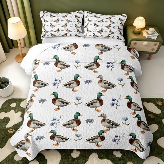Manfei Wild Mallard Duck Quilt King,Farmhouse Animal King Coverlet Set,3pcs,1 Bedspread and 2 Pillowcases