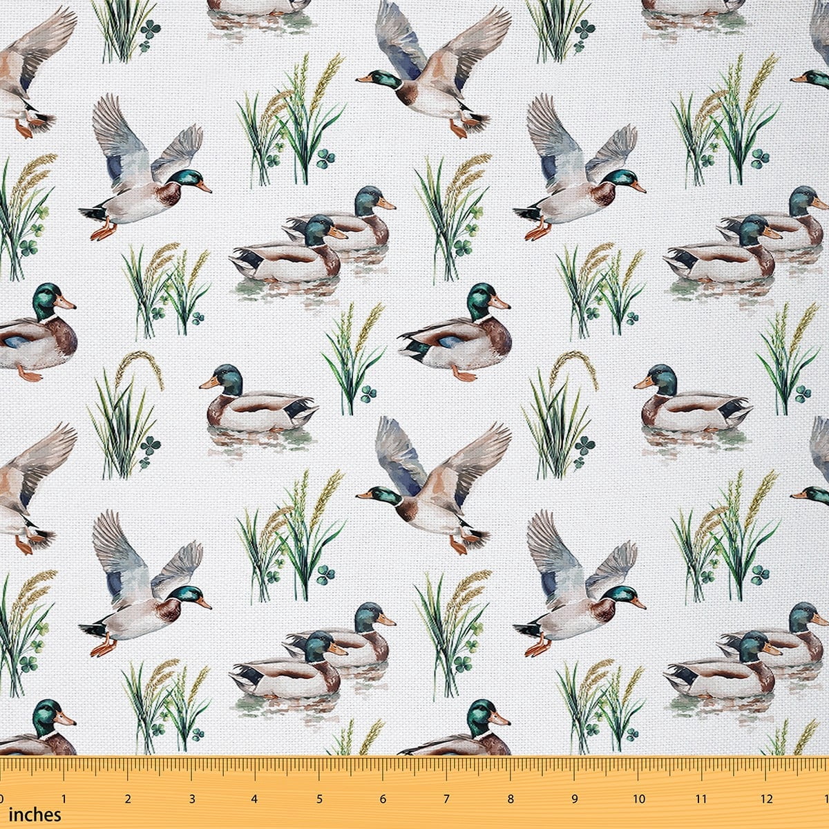 Manfei Wild Mallard Duck Sewing & Crafting Fabric (2 Yards), Hunting Theme Home Decor Fabric by the Yard, Botanical Grass Leaves DIY Fabric