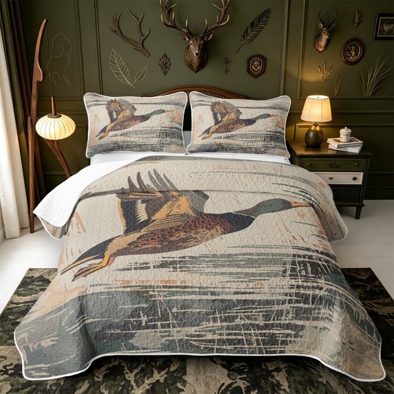 Manfei Wild Mallard Duck Twin Quilt Set,Farmhouse Bird Twin Coverlet Set,2-Piece,1 Bedspread and 1 Pillowcase