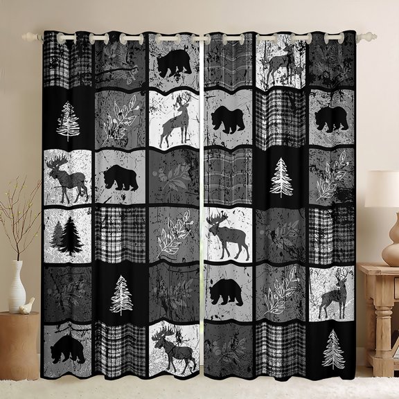 Manfei Wild Moose Deer Bear Black Out Curtains, Rustic Lodge Cabin Farmhouse Curtains Pack of 2 (42x63 Each), Gray White Plaid Checkered Bedroom Curtains, Luxury Bedroom Decor