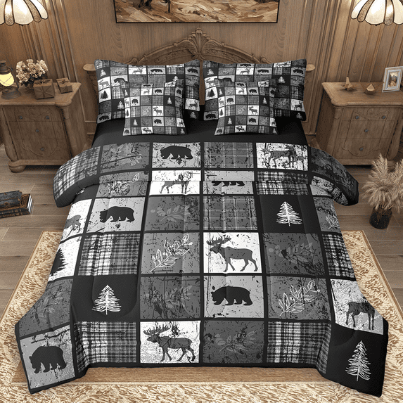 Manfei Wild Moose Deer Bear Twin Bedding Sets 7pcs, Rustic Lodge Cabin Farmhouse Bedding Comforter Set, Gray White Plaid Checkered Sheet Sets, Microfiber Bedroom Decor