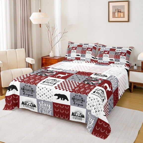 Manfei Wild Moose Deer Bear Twin Sheet Sets 3pcs, Rustic Lodge Cabin Farmhouse Twin Fitted Sheet, Gray Red White Plaid Checkered Flat Sheet, Luxury Bedroom Decor
