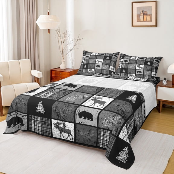 Manfei Wild Moose Deer Bear Twin Sheet Sets 3pcs, Rustic Lodge Cabin Farmhouse Twin Fitted Sheet, Gray White Plaid Checkered Flat Sheet, Microfiber Bedroom Decor