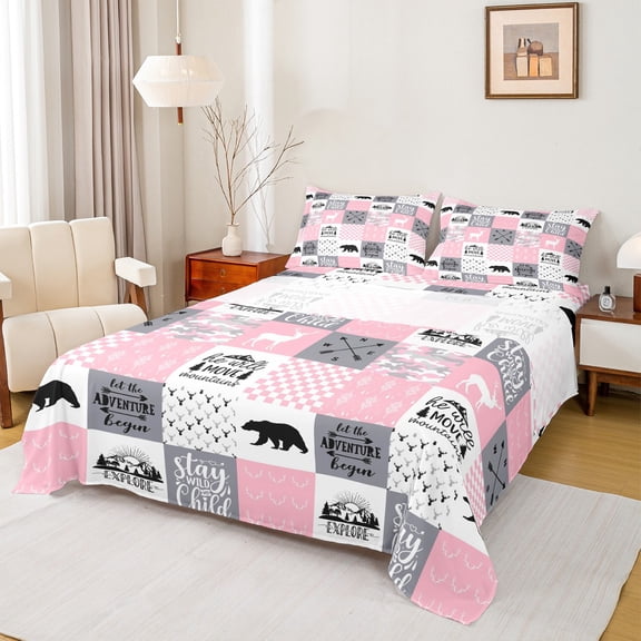 Manfei Wild Moose Deer Bear Twin Sheet Sets 3pcs, Rustic Lodge Cabin Farmhouse Twin Fitted Sheet, Pink White Plaid Checkered Flat Sheet, Lightweight Room Decor