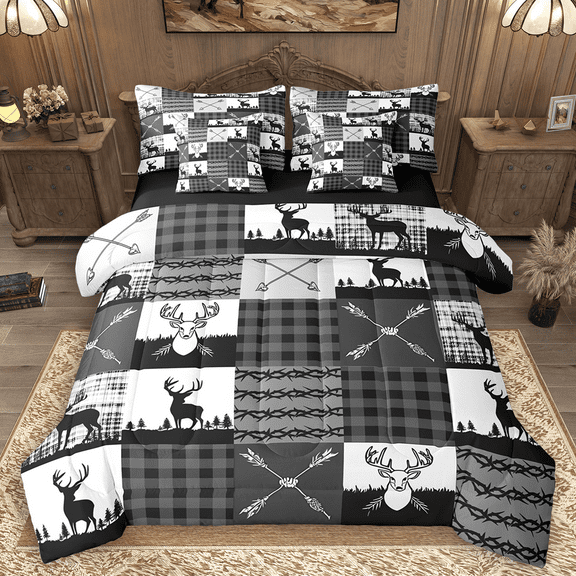 Manfei Wild Moose Deer Bedding Comforter Set 7pcs, Rustic Lodge Cabin Farmhouse King Bedding Sets, Gray White Plaid Checkered Bed Sheets, Lightweight Room Decor