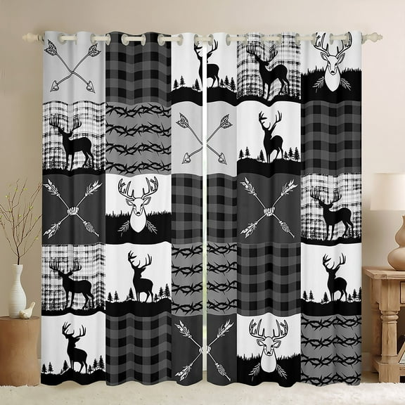 Manfei Wild Moose Deer Black Out Curtains, Rustic Lodge Cabin Farmhouse Curtains Pack of 2 (42x63 Each), Gray White Plaid Checkered Bedroom Curtains, Luxury Room Decor