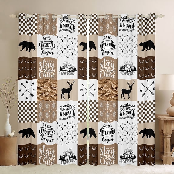 Manfei Wild Moose Deer Blackout Curtains Set of 2 (52x84 Each), Rustic Lodge Cabin Farmhouse Window Curtains, Gray Brown White Plaid Checkered Curtains and Drapes, Luxury Bedroom Decor