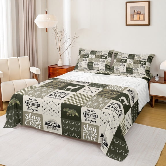 Manfei Wild Moose Deer Queen Sheet Sets 4 Pieces, Rustic Lodge Cabin Farmhouse Flat Sheet, Green Brown Plaid Checkered Queen Fitted Sheet, Lightweight Room Decor