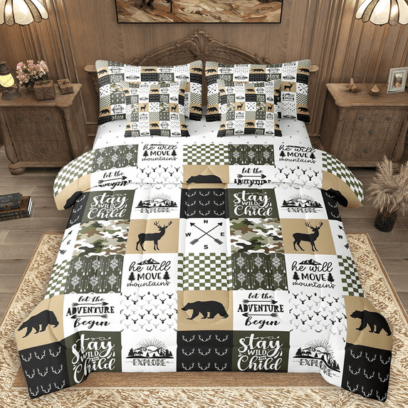 Manfei Wild Moose Deer Twin Bedding Sets 7pcs, Rustic Lodge Cabin Farmhouse Bedding Comforter Set, Gray Green White Plaid Checkered Sheet Sets, Super Cozy Room Decor