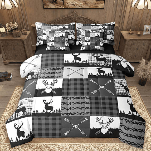 Manfei Wild Moose Deer Twin Bedding Sets 7pcs, Rustic Lodge Cabin Farmhouse Bedding Comforter Set, Gray White Plaid Checkered Sheet Sets, Lightweight Room Decor
